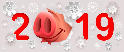 2019 pig year with flower background vector