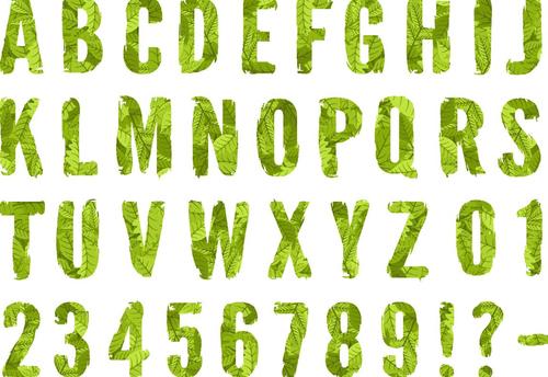 Alphabet fonts with green leaves vector