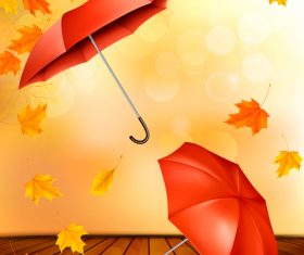 Autumn background with color leaves and two umbrellas vector