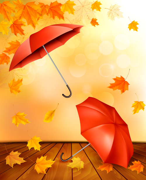 Autumn background with color leaves and two umbrellas vector