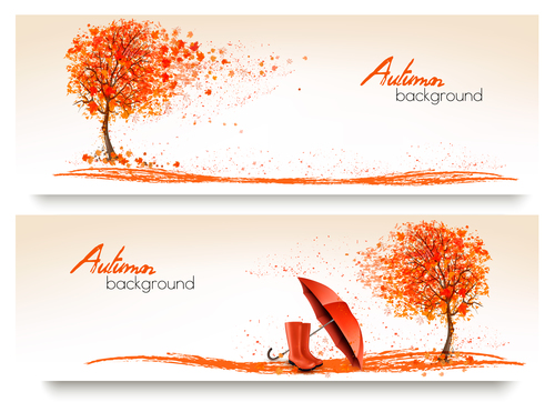 Autumn banners with colorful trees and umbrella vector