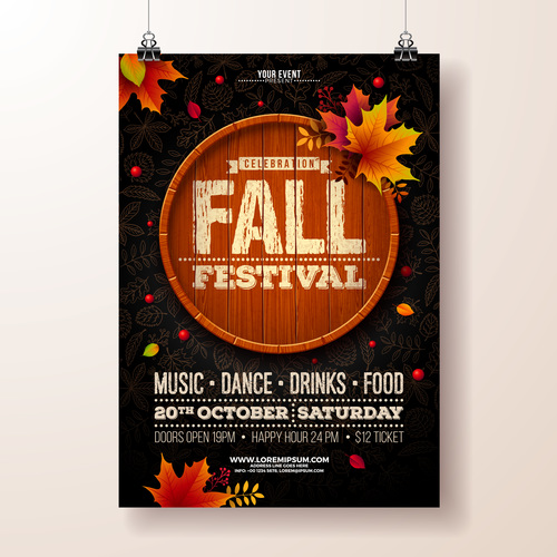 Autumn festvial party flyer with poster template vector 02