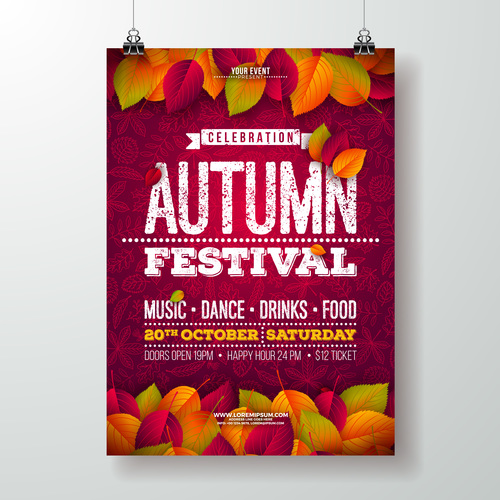 Autumn festvial party flyer with poster template vector 03