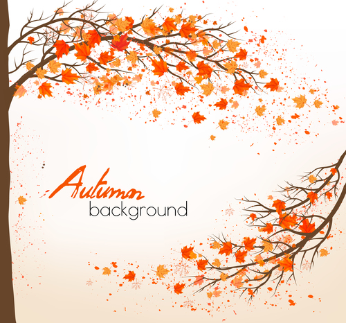 Autumn nature background with colorful leaves and two trees vector
