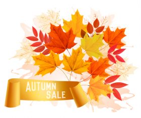 Autumn sale background with colorful leaves and gold ribbon vector