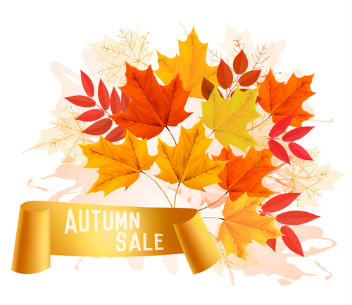 Autumn sale background with colorful leaves and gold ribbon vector