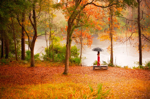 Beautiful autumn and pose woman sitting by the lake Stock Photo