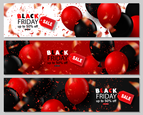 Black Friday sale banenrs with colored balloon vector