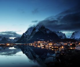 Brightly lit Norwegian Bay town at night Stock Photo 01