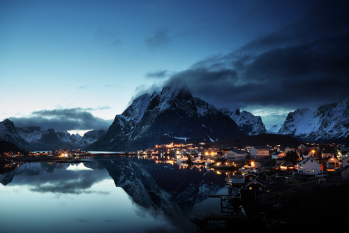Brightly lit Norwegian Bay town at night Stock Photo 01