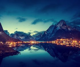 Brightly lit Norwegian Bay town at night Stock Photo 02