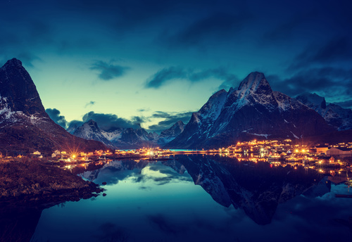 Brightly lit Norwegian Bay town at night Stock Photo 02