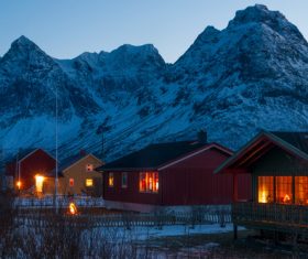 Brightly lit Norwegian Bay town at night Stock Photo 03