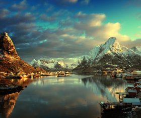Brightly lit Norwegian Bay town at night Stock Photo 04