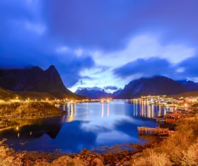 Brightly lit Norwegian Bay town at night Stock Photo 05