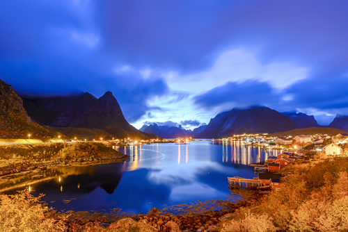 Brightly lit Norwegian Bay town at night Stock Photo 05