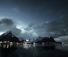 Brightly lit Norwegian Bay town at night Stock Photo 06
