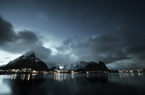 Brightly lit Norwegian Bay town at night Stock Photo 06
