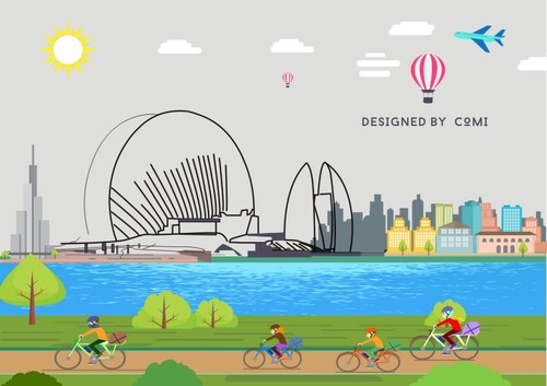 Cartoon cycling travel and landscape illustration vector