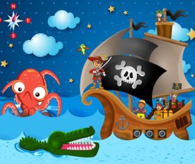 Cartoon pirate with big monster vector