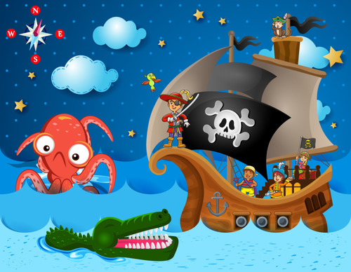 Cartoon pirate with big monster vector