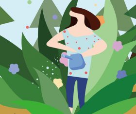 Cartoon woman watering plants vector