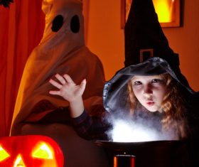 Children dressed as Halloween witches Stock Photo 03