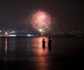 City night brilliant fireworks Stock Photo
