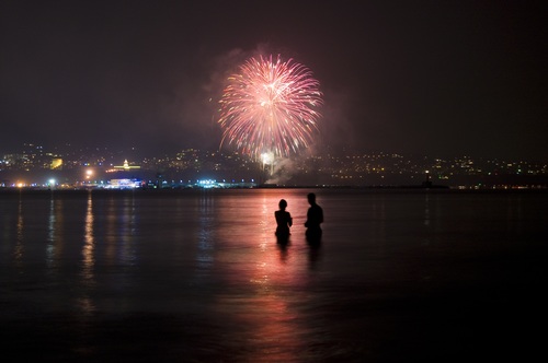 City night brilliant fireworks Stock Photo