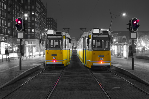 City tram stopped at night Stock Photo