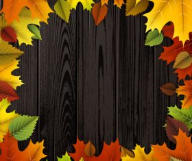 Colored autumn leaves with wooden background vector 03