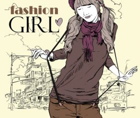 Fashion girl with city background vector 01