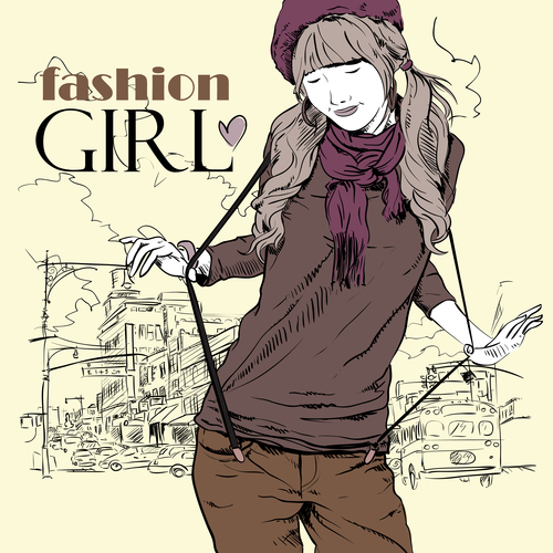Fashion girl with city background vector 01