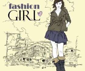 Fashion girl with city background vector 02