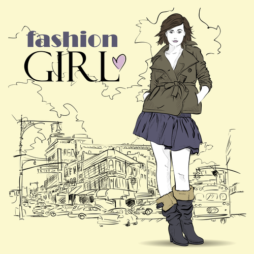 Fashion girl with city background vector 02