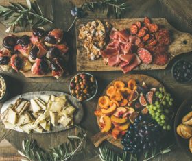 Food cheese fruit bread barbecue prepared for the party Stock Photo 01