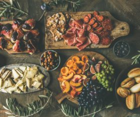 Food cheese fruit bread barbecue prepared for the party Stock Photo 02