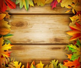 Frame autumn leaves with wood background vector