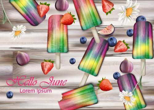 Fruit ice cream with wood background vector