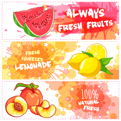 Fruit juice horizontal banners vectors 01