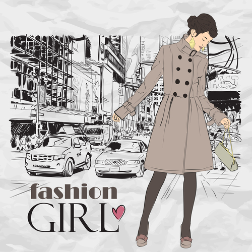 Hand drawn city with fashion girl vector 01