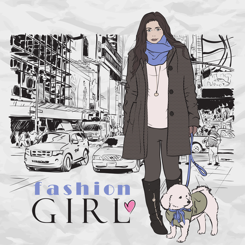 Hand drawn city with fashion girl vector 02