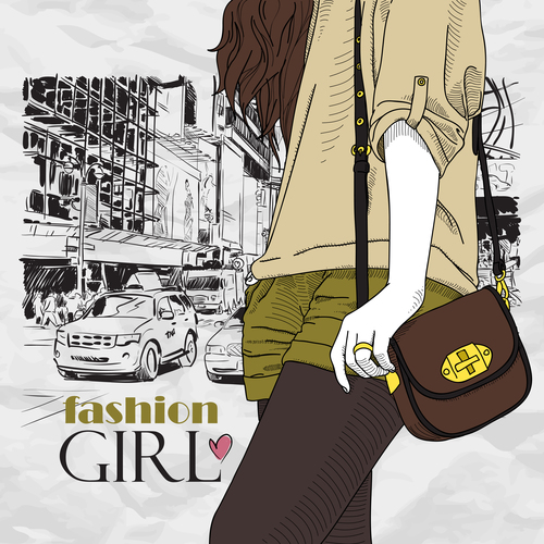 Hand drawn city with fashion girl vector 03