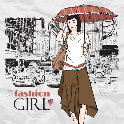 Hand drawn city with fashion girl vector 04