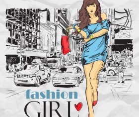 Hand drawn city with fashion girl vector 05