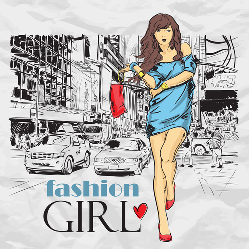 Hand drawn city with fashion girl vector 05