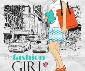 Hand drawn city with fashion girl vector 06