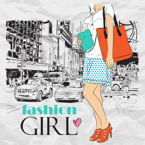 Hand drawn city with fashion girl vector 06