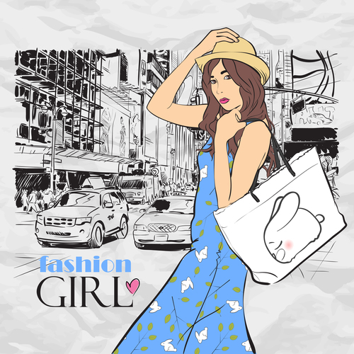 Hand drawn city with fashion girl vector 07