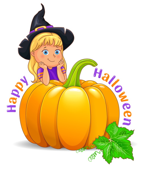 Happy Halloween funny girl in black  hat with pumpkin vector
